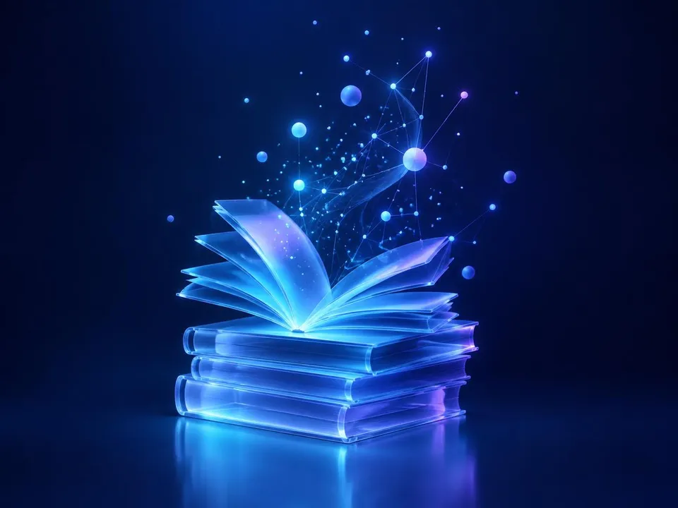 Leuchtende Bücher, aus denen ein Netzwerk aus Lichtpunkten aufsteigt